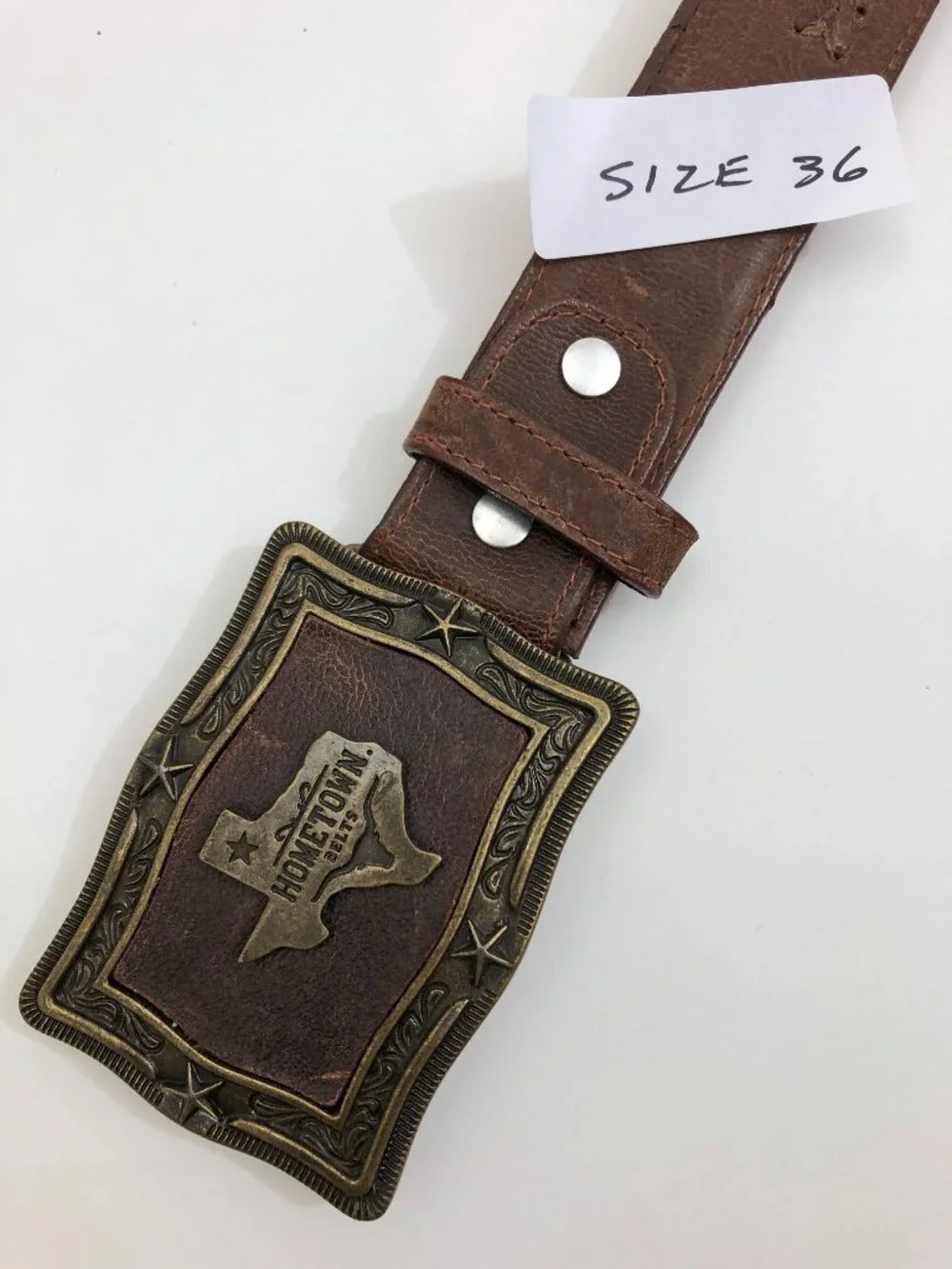 Western leather Belt Size 36 Hometown Belts Brown Texas Brass & Leather Buckle